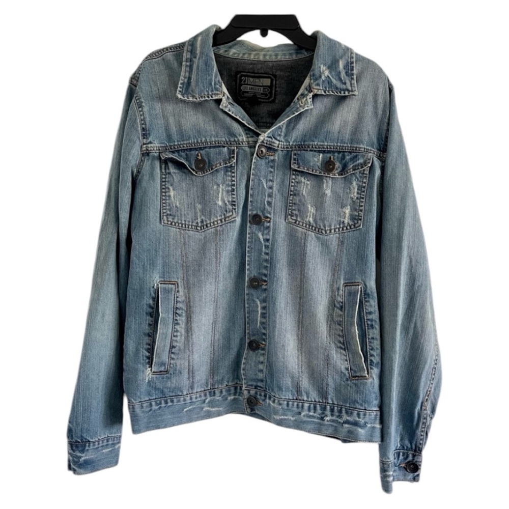 21 MEN LA Men’s Blue Denim Distressed Jean Button Up 100% Cotton‎ Jacket-Size L